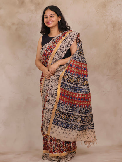 Red Hand Block Printed Kalamkari Chennur Silk Saree