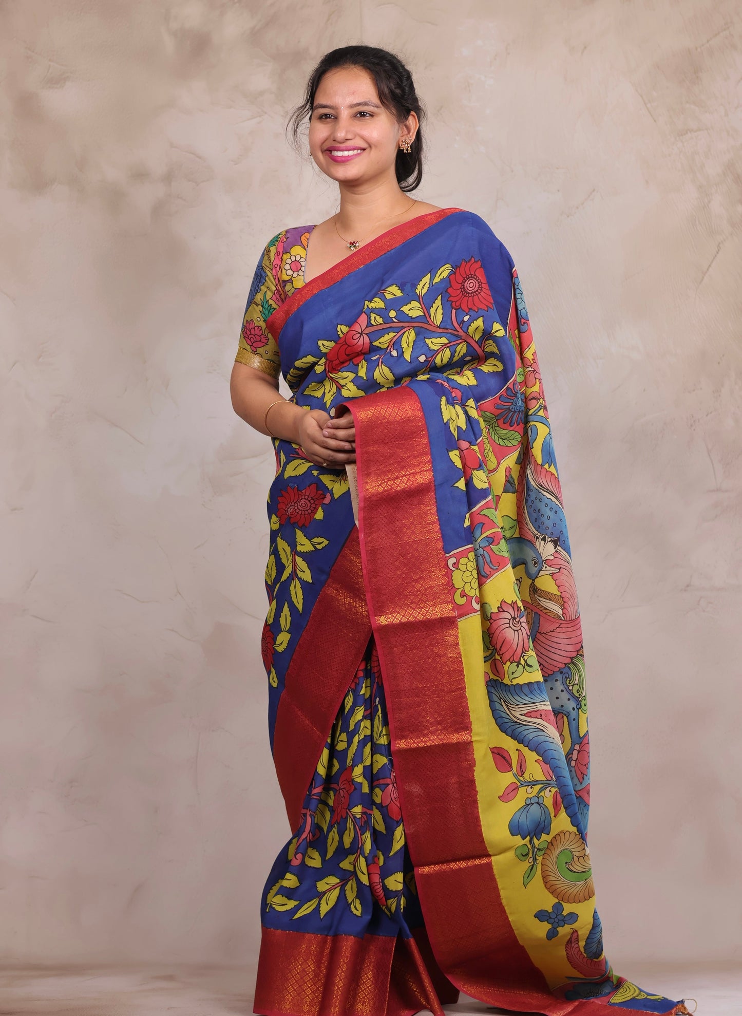 Hand Drawn Pen Kalamkari Blue And Red Bangalore Silk Kanchi Border Saree