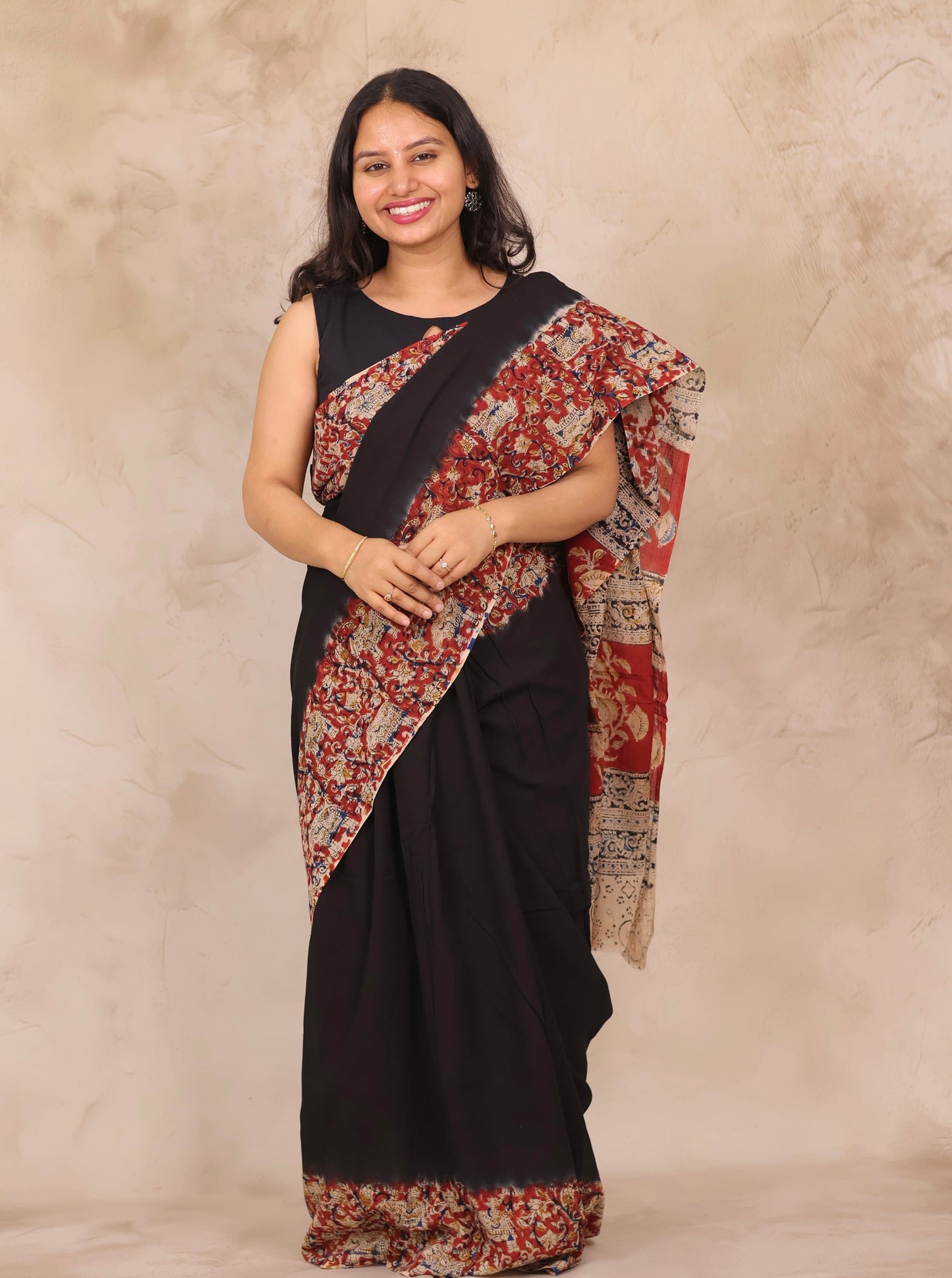Black Hand Block Printed Kalamkari Cotton Saree