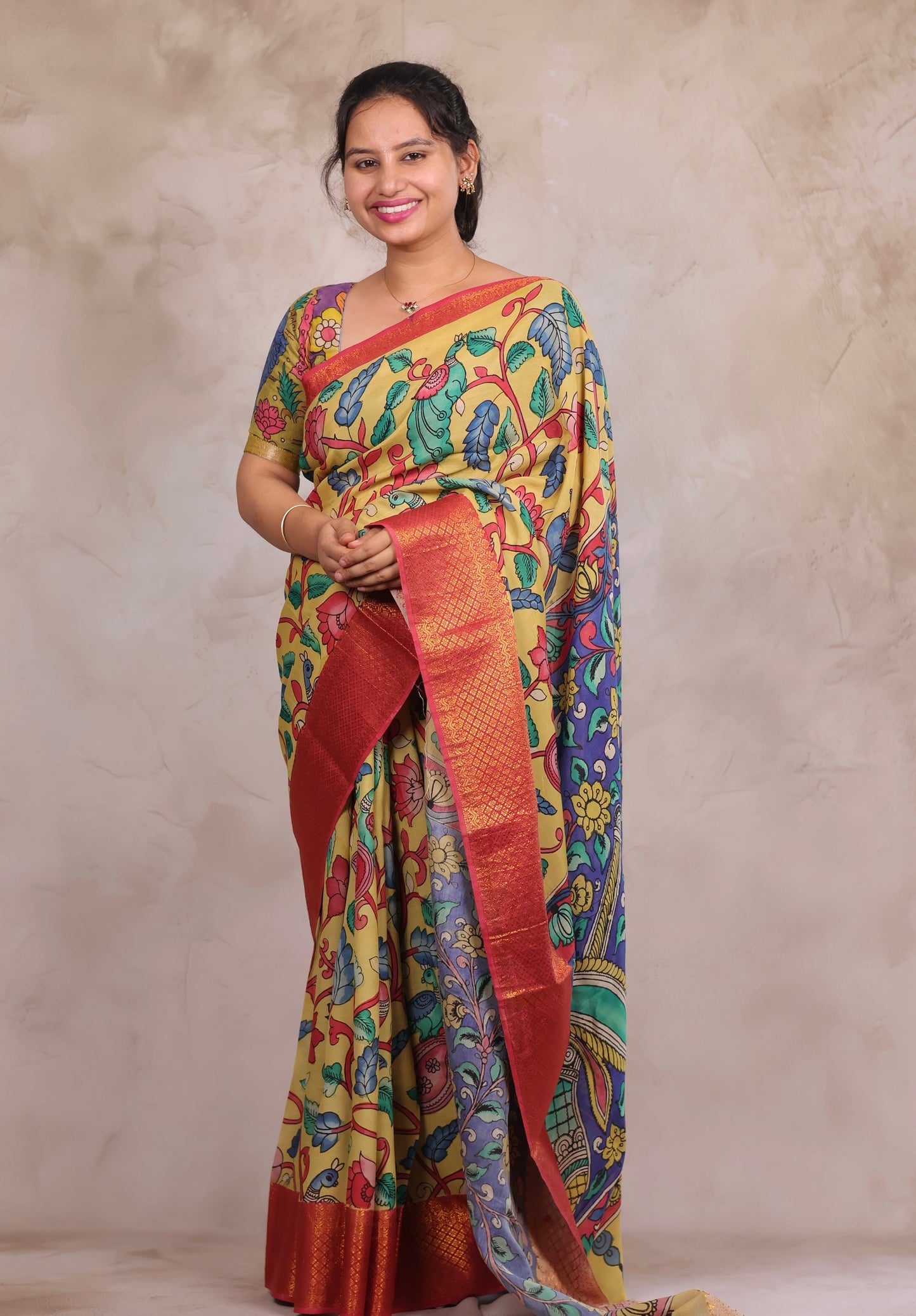 Hand Drawn Pen Kalamkari Light Yellow And Red Bangalore Silk Kanchi Border Saree