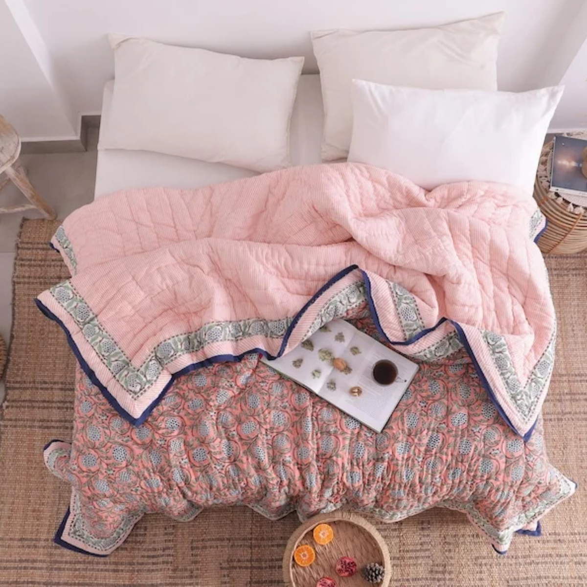 Salmon Pink Reversible Soft Hand Block Printed Razai- Cotton Doonas For Bed