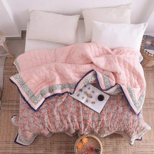 Salmon Pink Reversible Soft Hand Block Printed Razai- Cotton Doonas For Bed