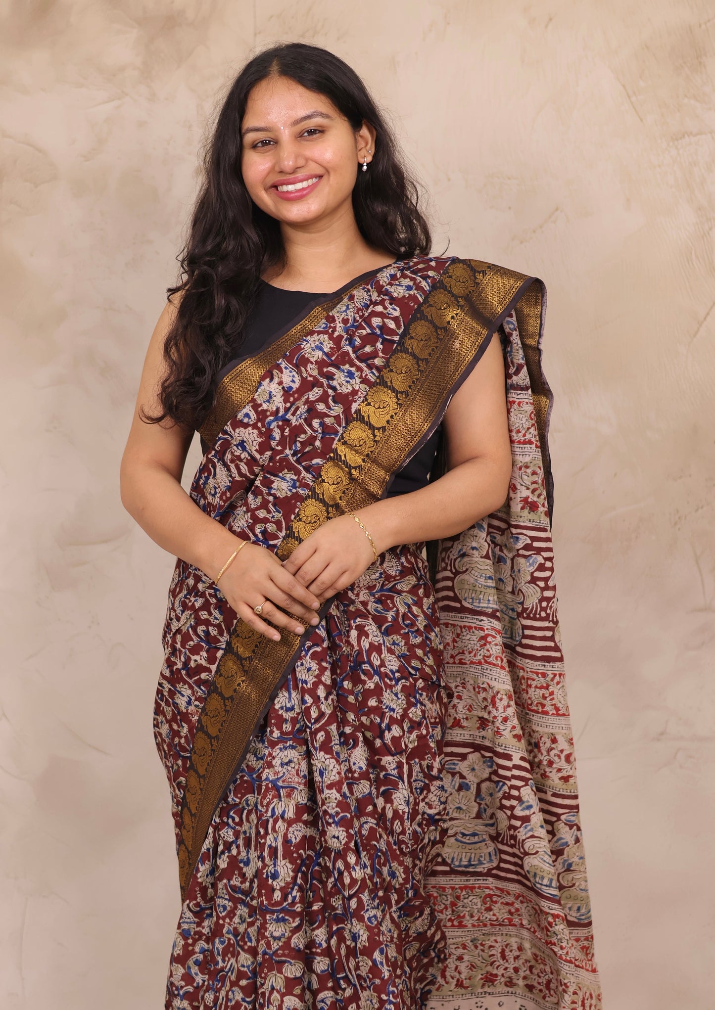 Maroon Hand Block Printed Kalamkari Kanchi Border Chennur Silk Saree