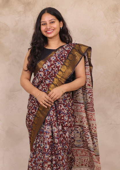 Maroon Hand Block Printed Kalamkari Kanchi Border Chennur Silk Saree