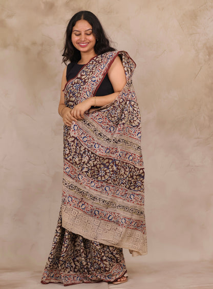 Maroon Hand Block Printed Kalamkari Chennur Silk Saree