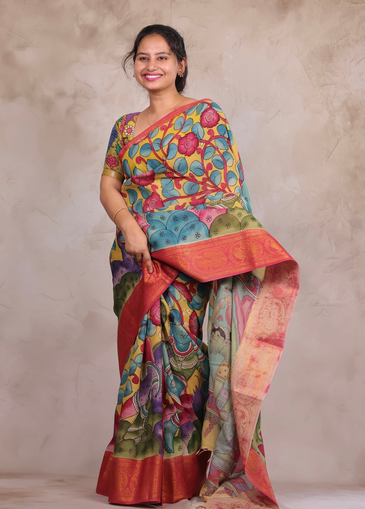 Hand Drawn Pen Kalamkari Yellow And Red's pink Bangalore Silk Kanchi Border Saree