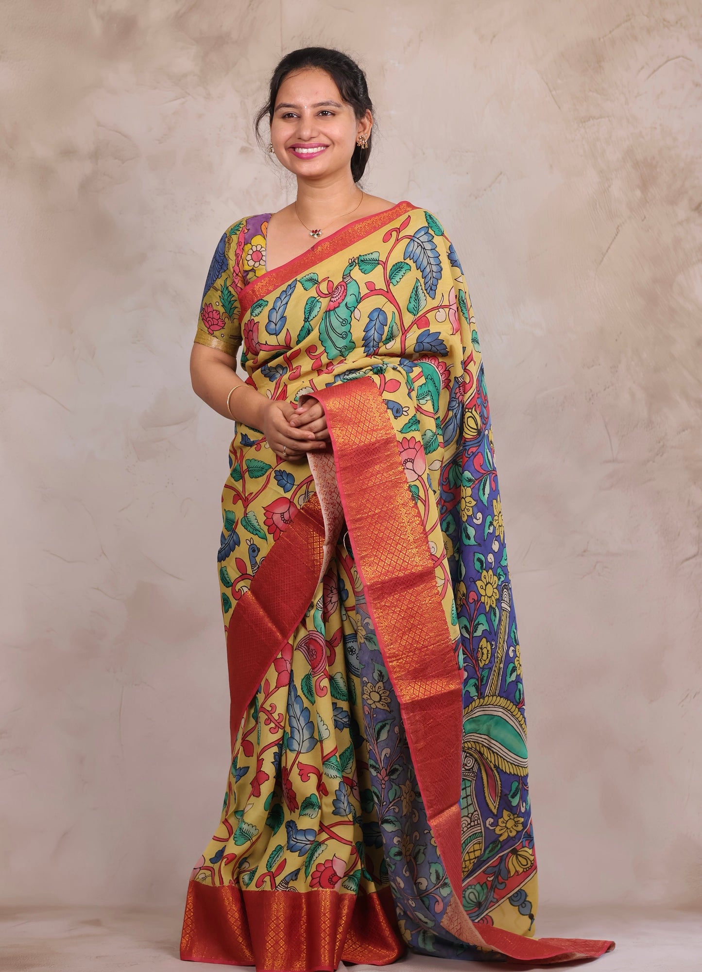 Hand Drawn Pen Kalamkari Light Yellow And Red Bangalore Silk Kanchi Border Saree