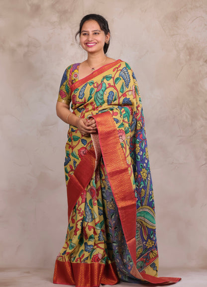 Hand Drawn Pen Kalamkari Light Yellow And Red Bangalore Silk Kanchi Border Saree