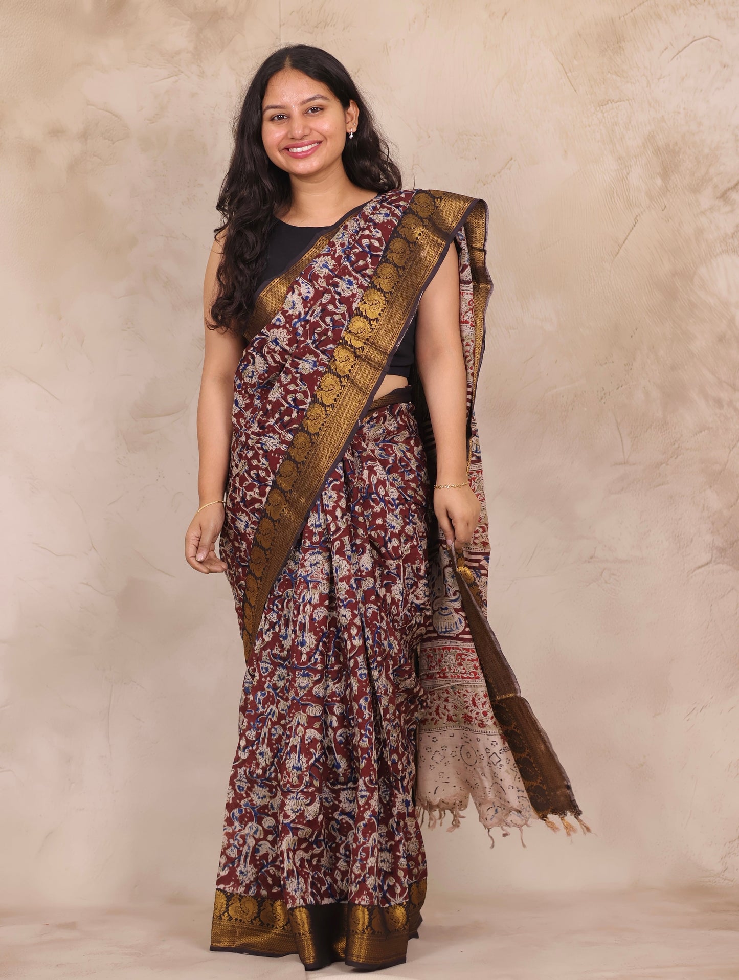 Maroon Hand Block Printed Kalamkari Kanchi Border Chennur Silk Saree