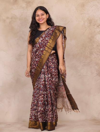 Maroon Hand Block Printed Kalamkari Kanchi Border Chennur Silk Saree