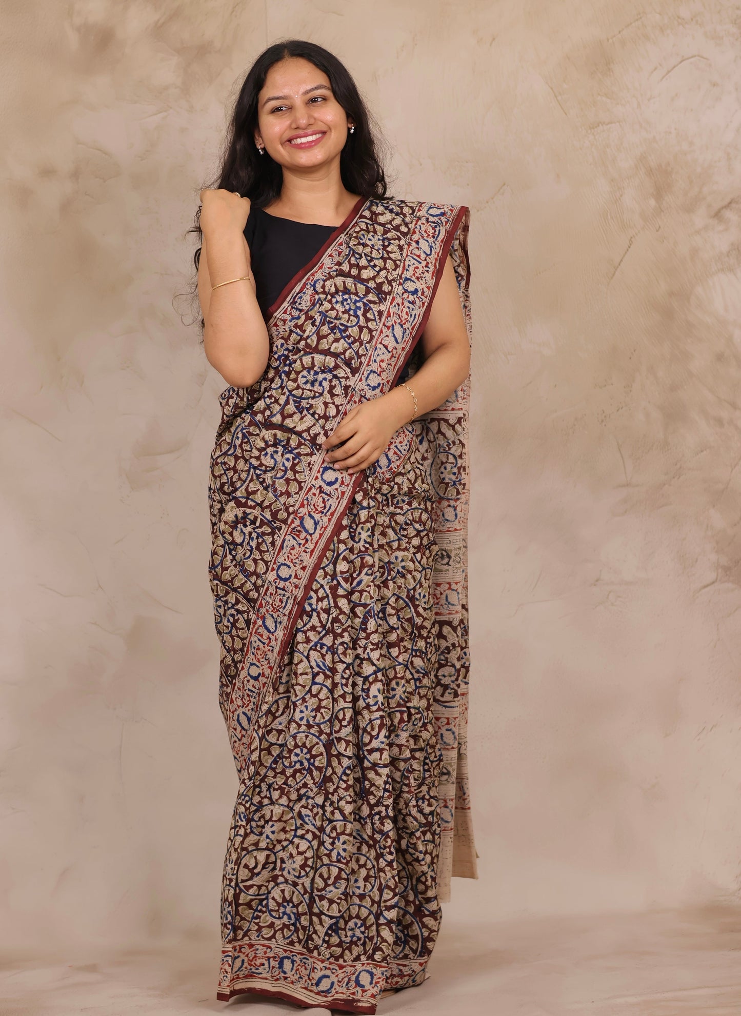 Maroon Hand Block Printed Kalamkari Chennur Silk Saree