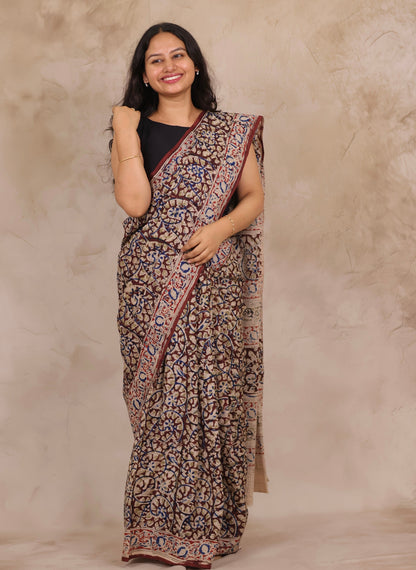Maroon Hand Block Printed Kalamkari Chennur Silk Saree