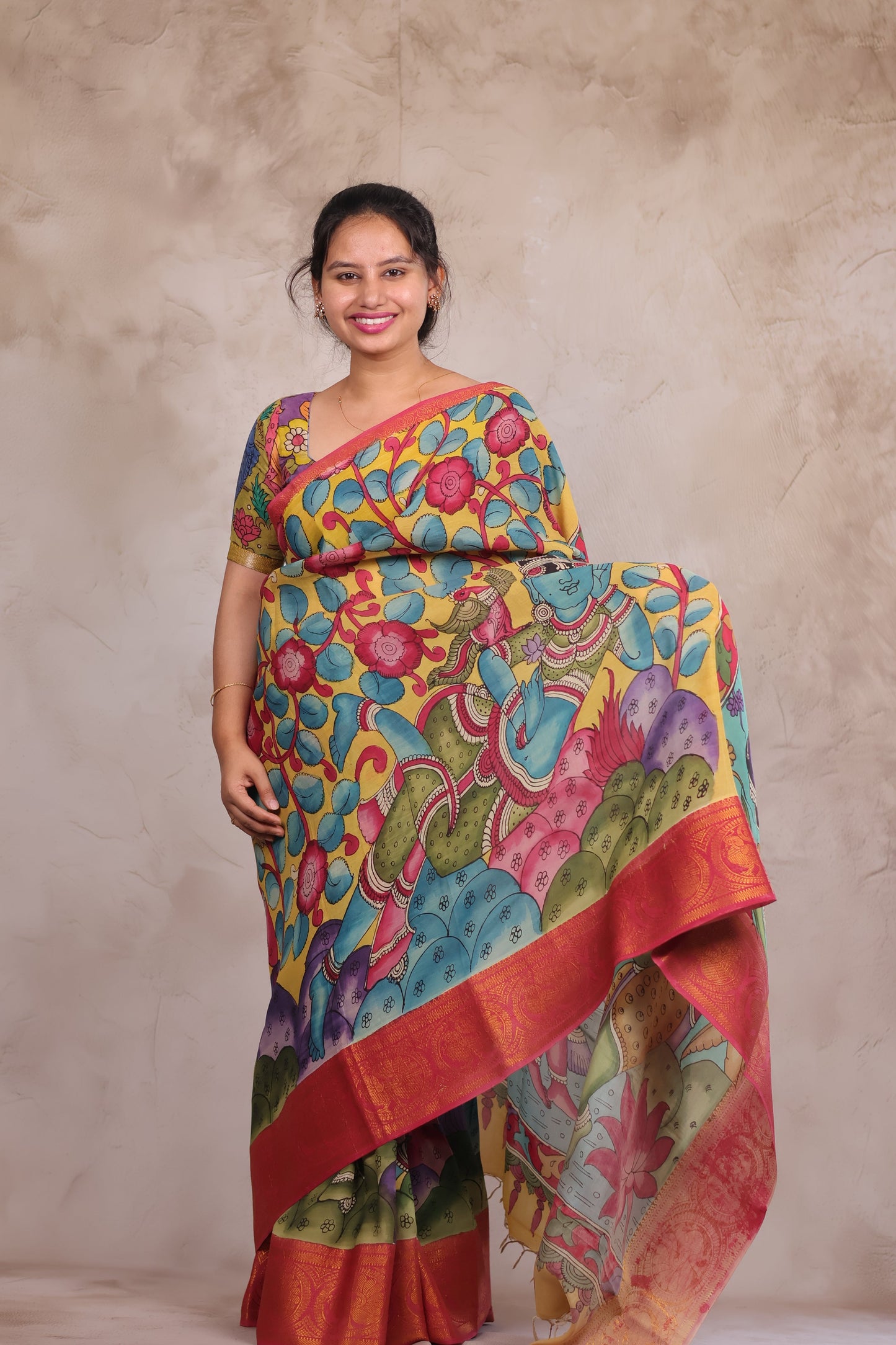 Hand Drawn Pen Kalamkari Yellow And Red's pink Bangalore Silk Kanchi Border Saree