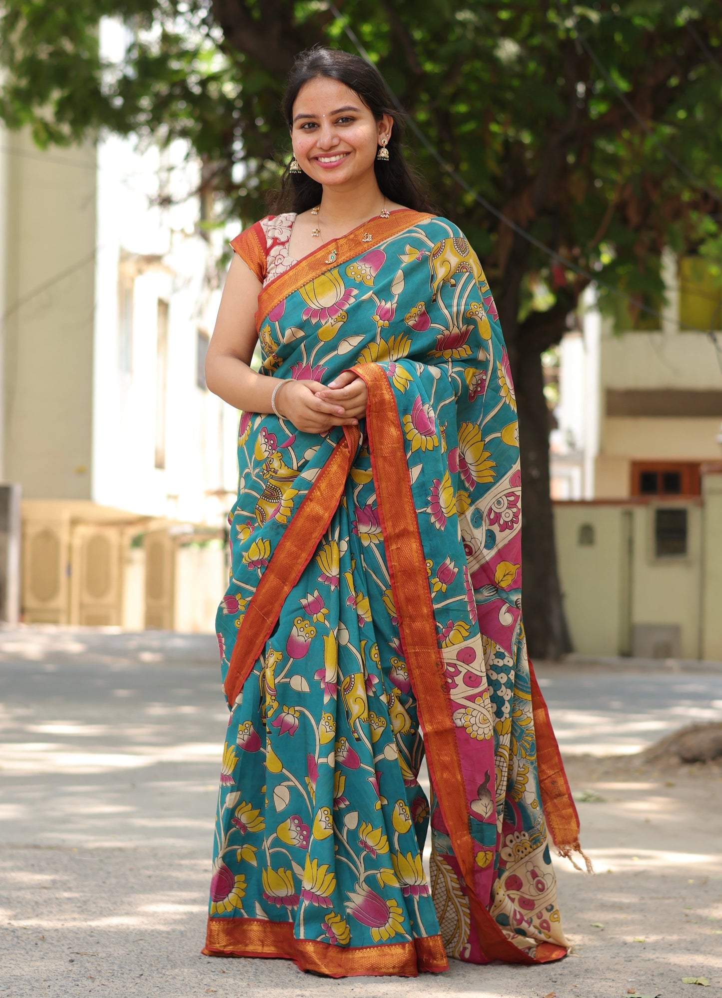 Teal Lotus Hand Block Printed Kalamkari Nizam Border Chennur Silk Saree