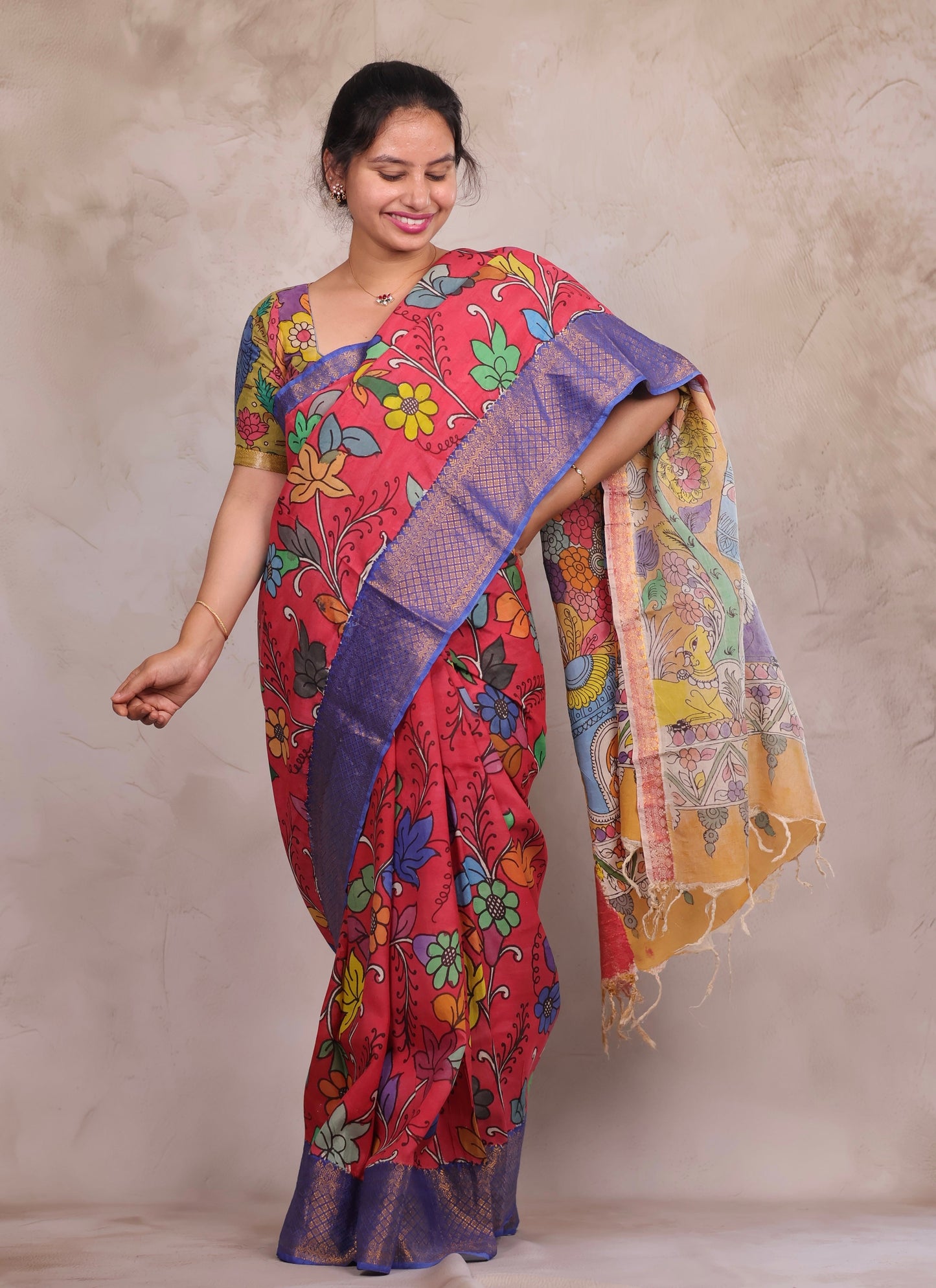 Hand Drawn Pen Kalamkari Pink And Blue Bangalore Silk Kanchi Border Saree