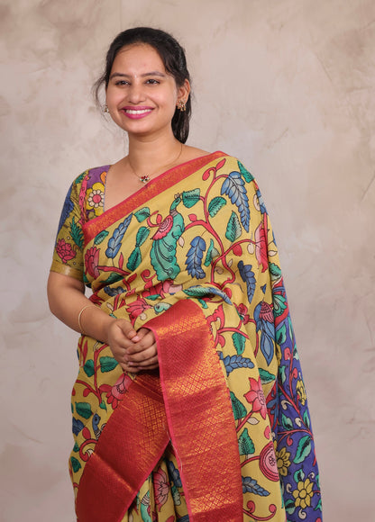 Hand Drawn Pen Kalamkari Light Yellow And Red Bangalore Silk Kanchi Border Saree