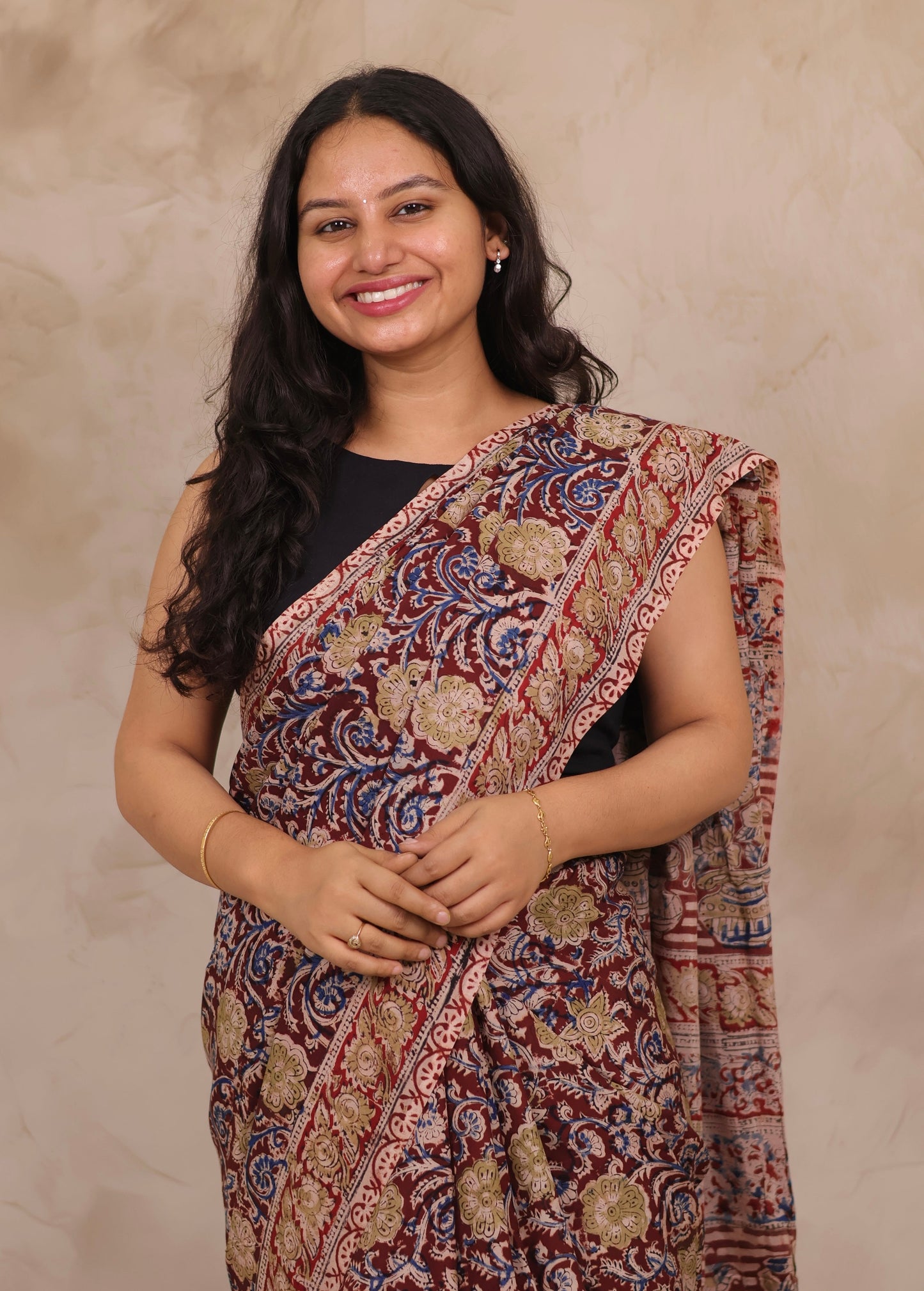 Maroon Hand Block Printed Kalamkari Chennur Silk Saree