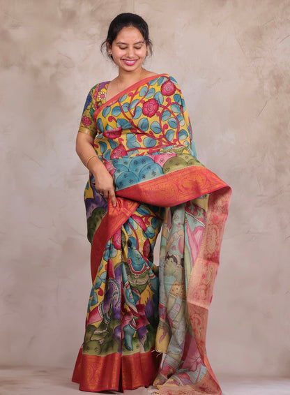 Hand Drawn Pen Kalamkari Yellow And Red's pink Bangalore Silk Kanchi Border Saree