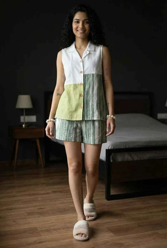Green Pure Cotton V-Neck top & Shorts Set For Women