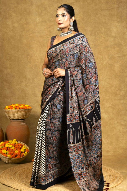 Black Chevron Jaal Ajrakh Modal Silk Saree