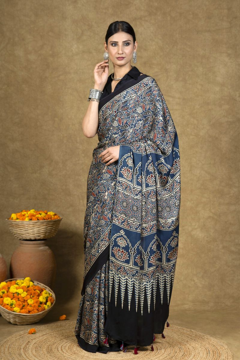 Blue Floral Jaal Ajrakh Modal Silk Saree