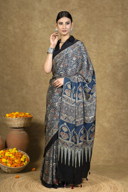 Blue Floral Jaal Ajrakh Modal Silk Saree