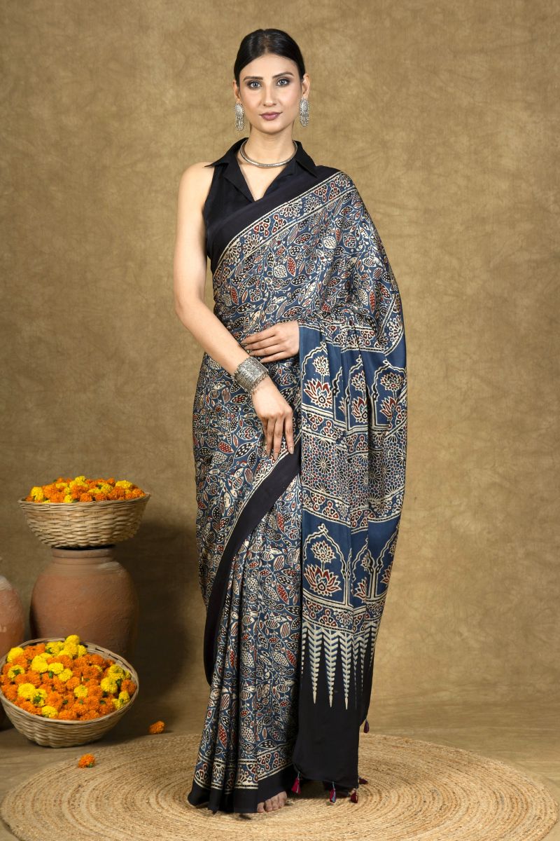 Blue Floral Jaal Ajrakh Modal Silk Saree