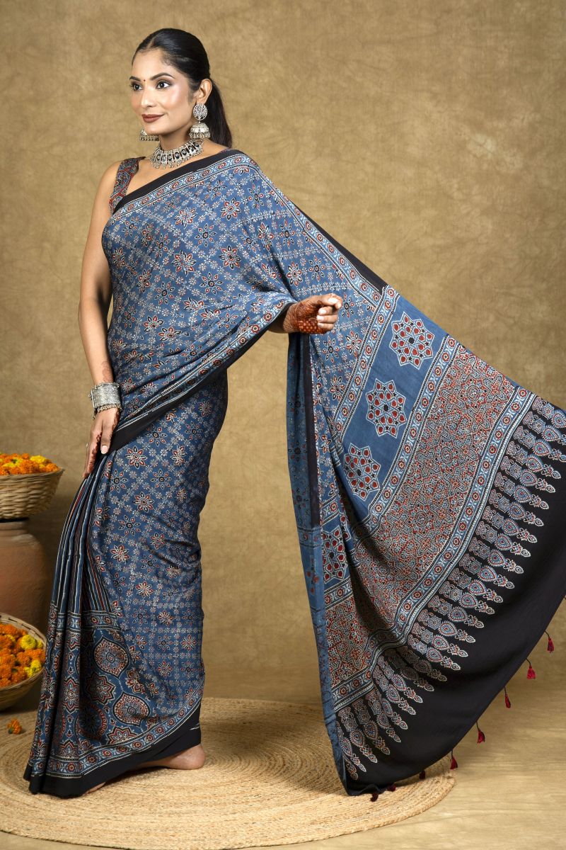 Blue Starry Stria Ajrakh Modal Silk Saree