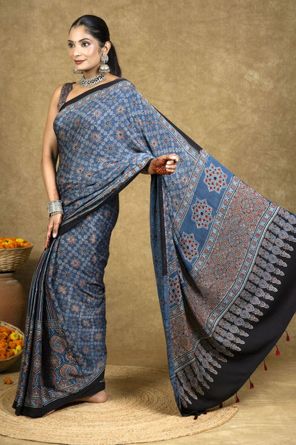 Blue Starry Stria Ajrakh Modal Silk Saree