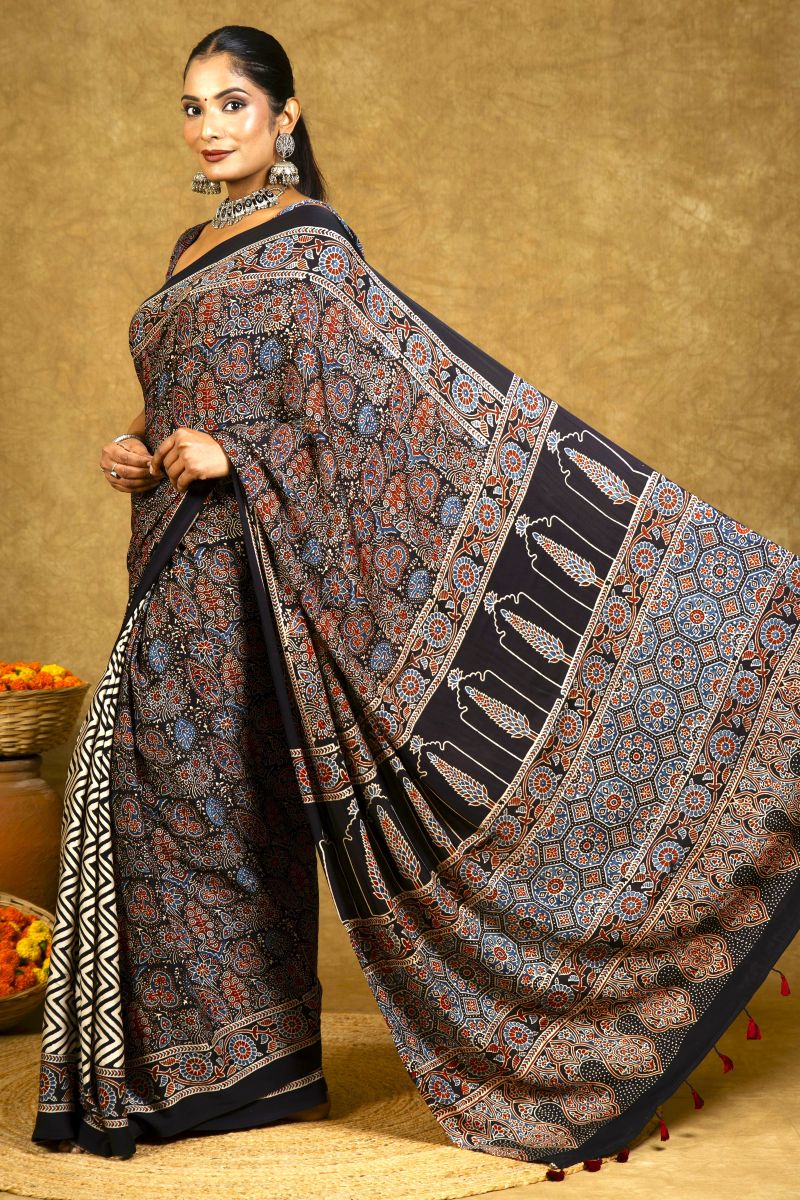 Black Chevron Jaal Ajrakh Modal Silk Saree