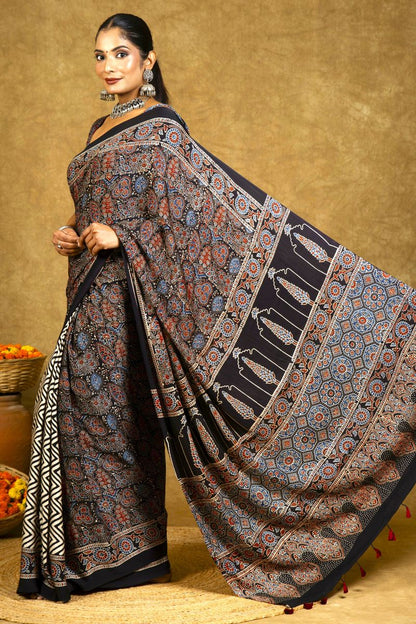Black Chevron Jaal Ajrakh Modal Silk Saree