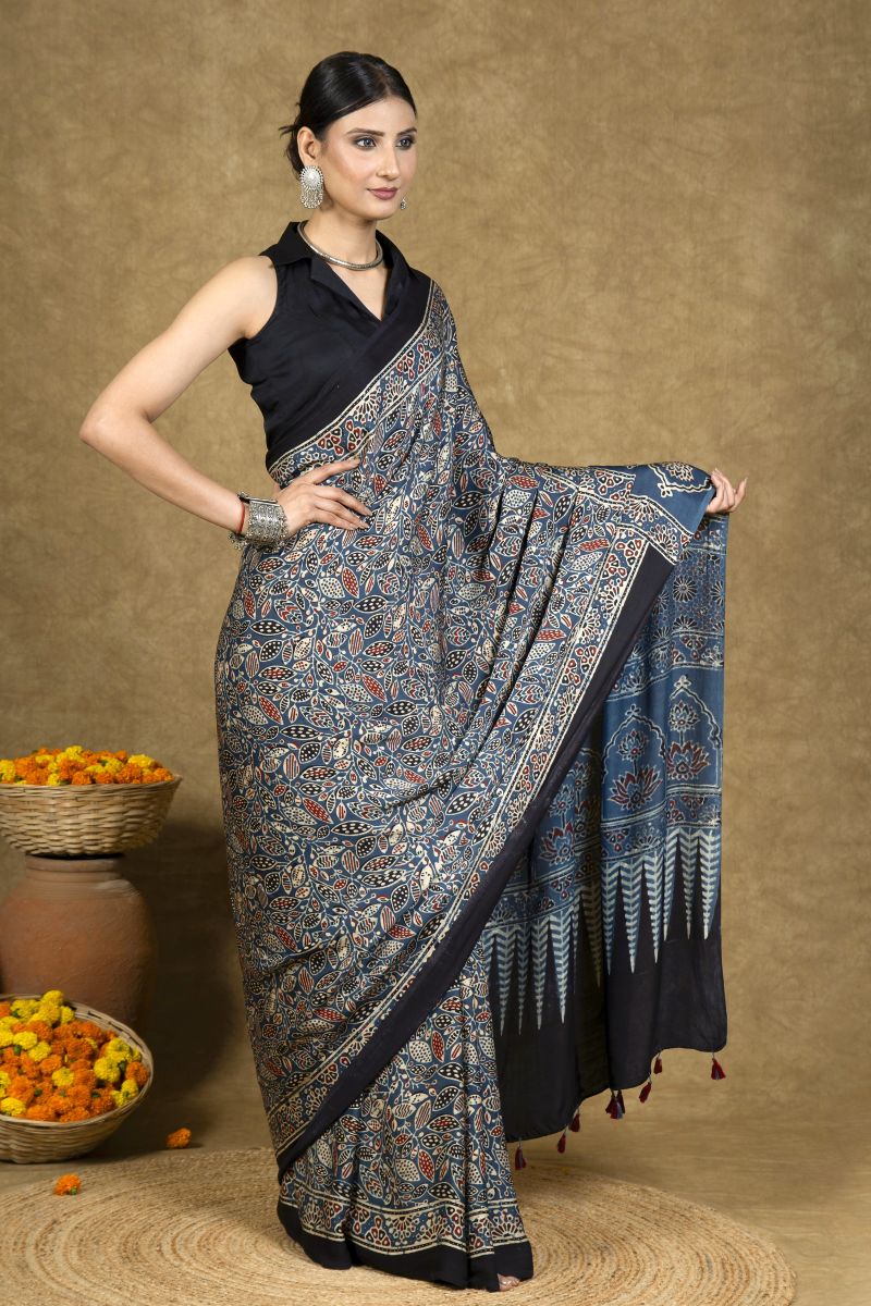 Blue Floral Jaal Ajrakh Modal Silk Saree