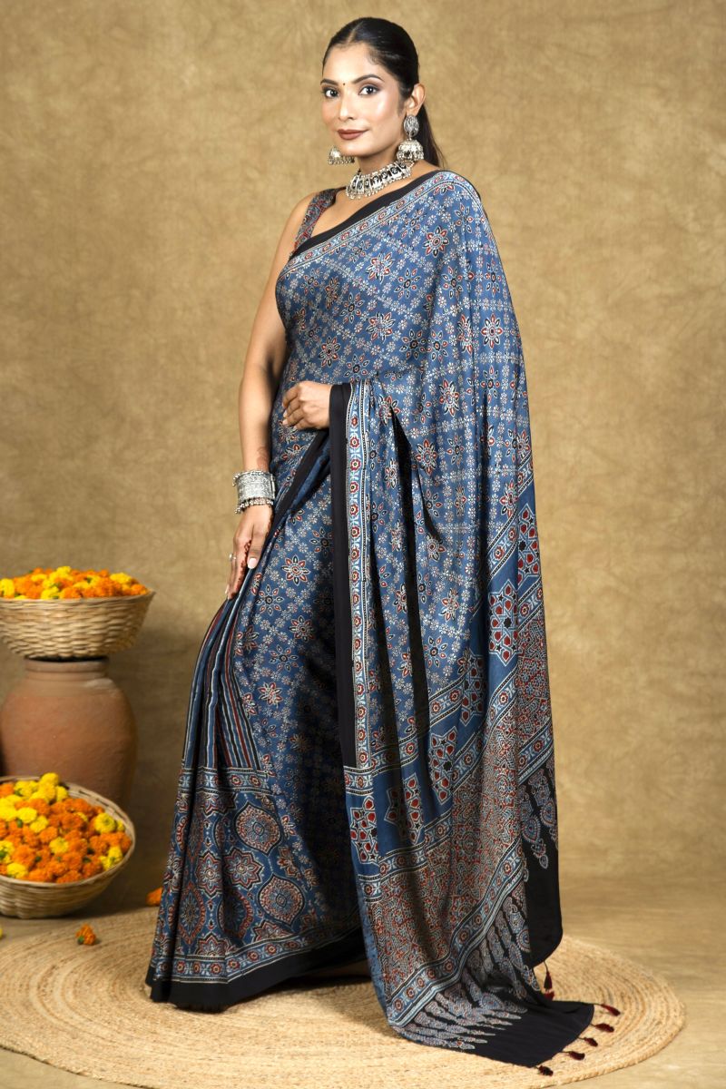 Blue Starry Stria Ajrakh Modal Silk Saree