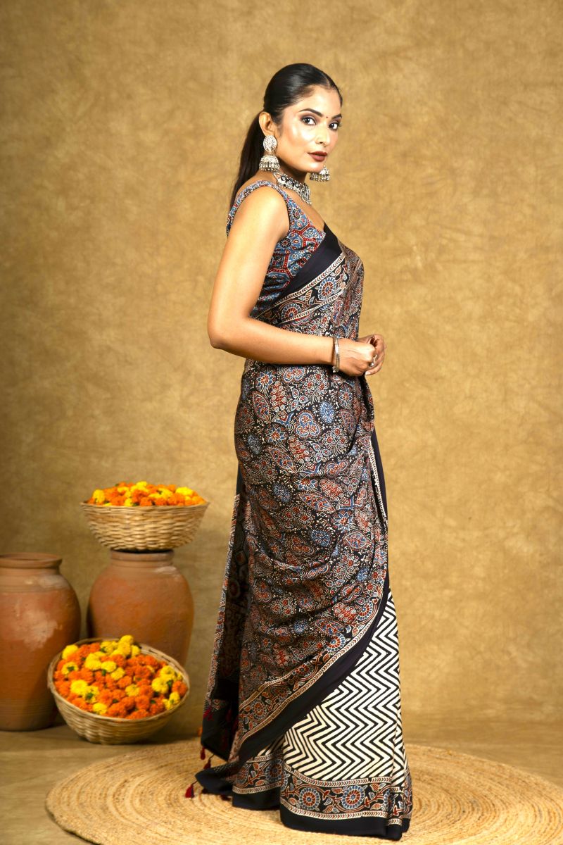 Black Chevron Jaal Ajrakh Modal Silk Saree
