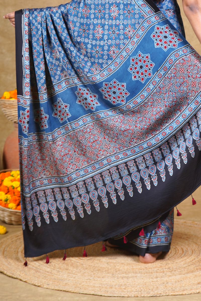 Blue Starry Stria Ajrakh Modal Silk Saree