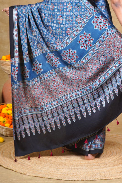 Blue Starry Stria Ajrakh Modal Silk Saree