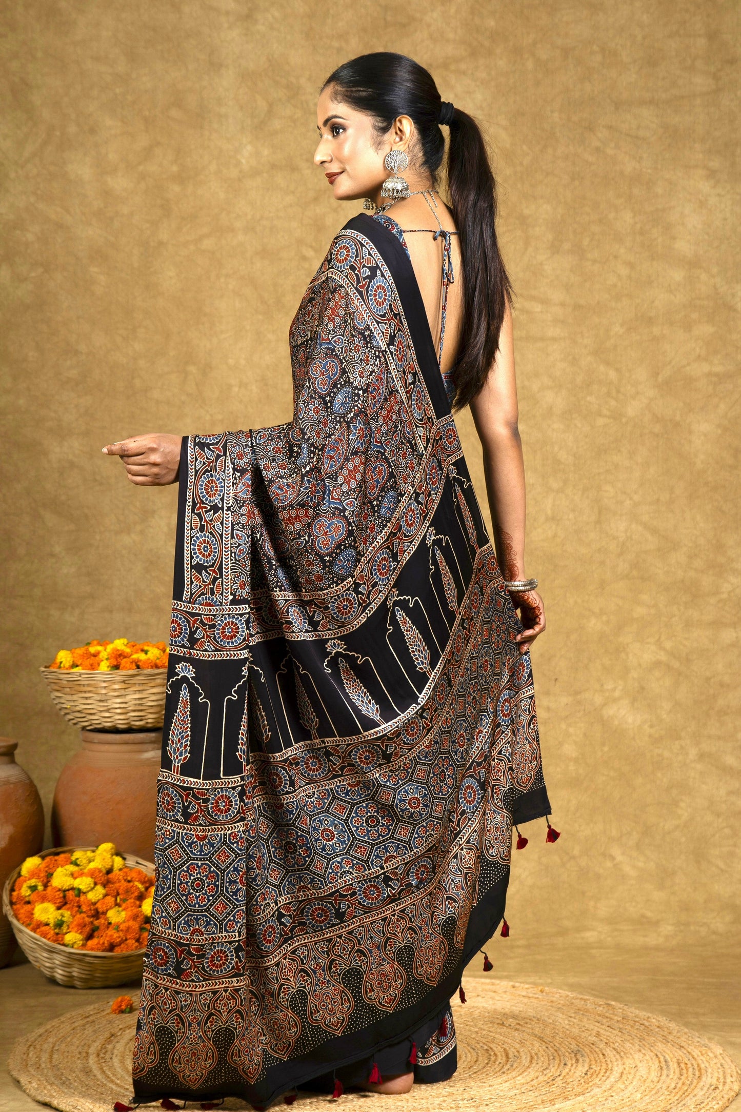 Black Chevron Jaal Ajrakh Modal Silk Saree