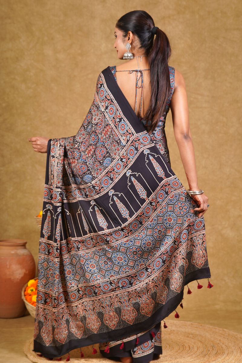 Black Chevron Jaal Ajrakh Modal Silk Saree