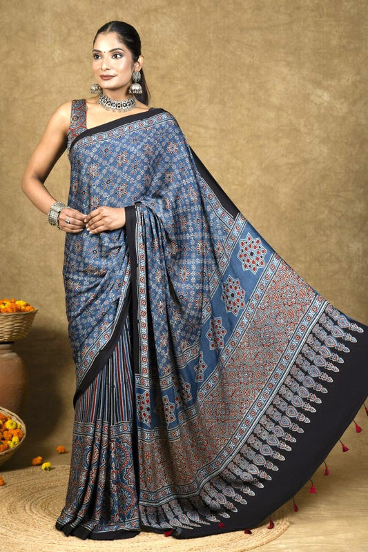 Blue Starry Stria Ajrakh Modal Silk Saree