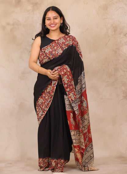 Black Hand Block Printed Kalamkari Cotton Saree