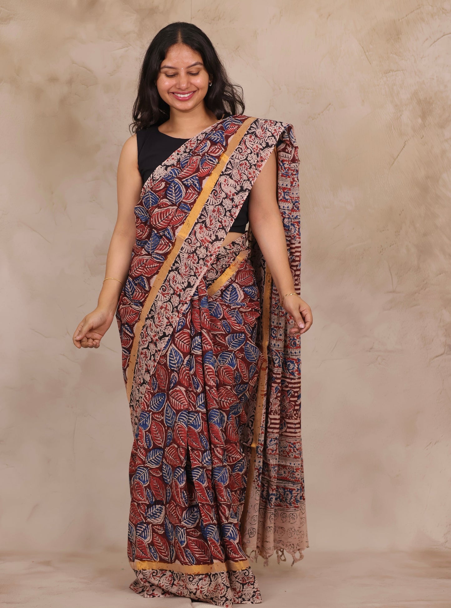 Red Hand Block Printed Kalamkari Chennur Silk Saree
