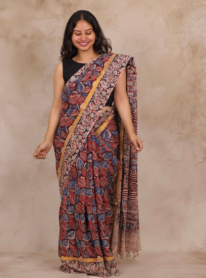 Red Hand Block Printed Kalamkari Chennur Silk Saree