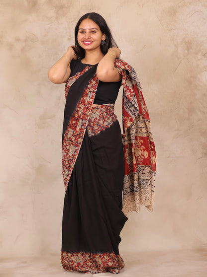 Black Hand Block Printed Kalamkari Cotton Saree