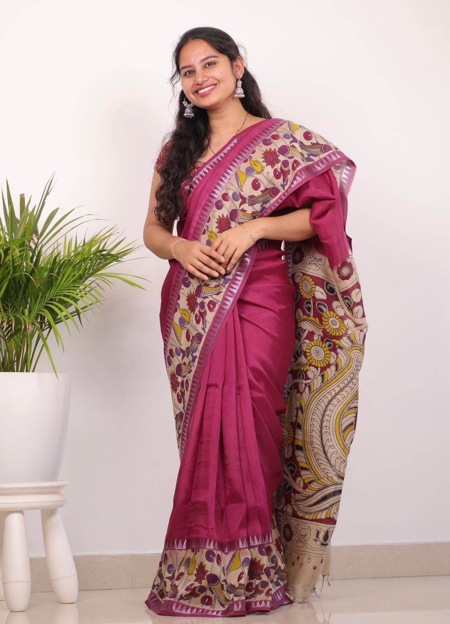 Magenta Plain Gap Border Kalamkari Premium Chennur Silk Saree
