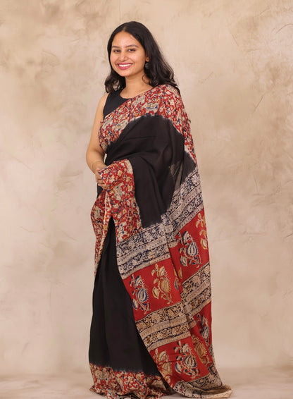Black Hand Block Printed Kalamkari Cotton Saree