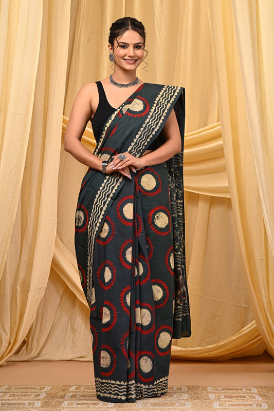 Premium Mul Cotton Hand Block Printed Saree With Blouse Piece