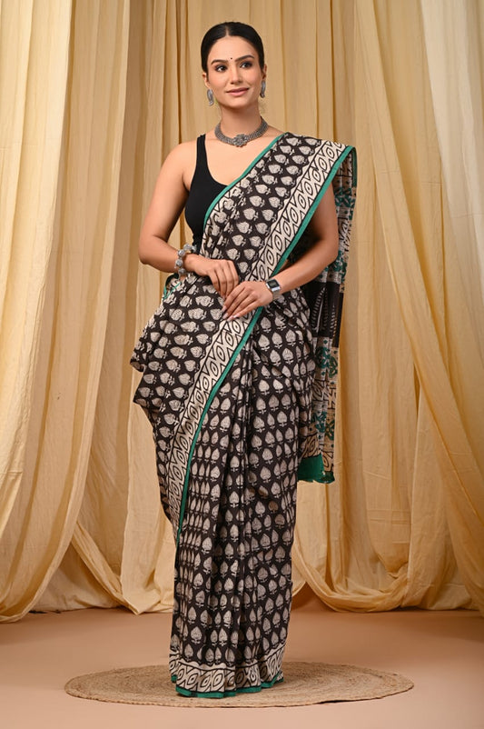 Premium Mul Cotton Hand Block Printed Saree With Blouse Piece