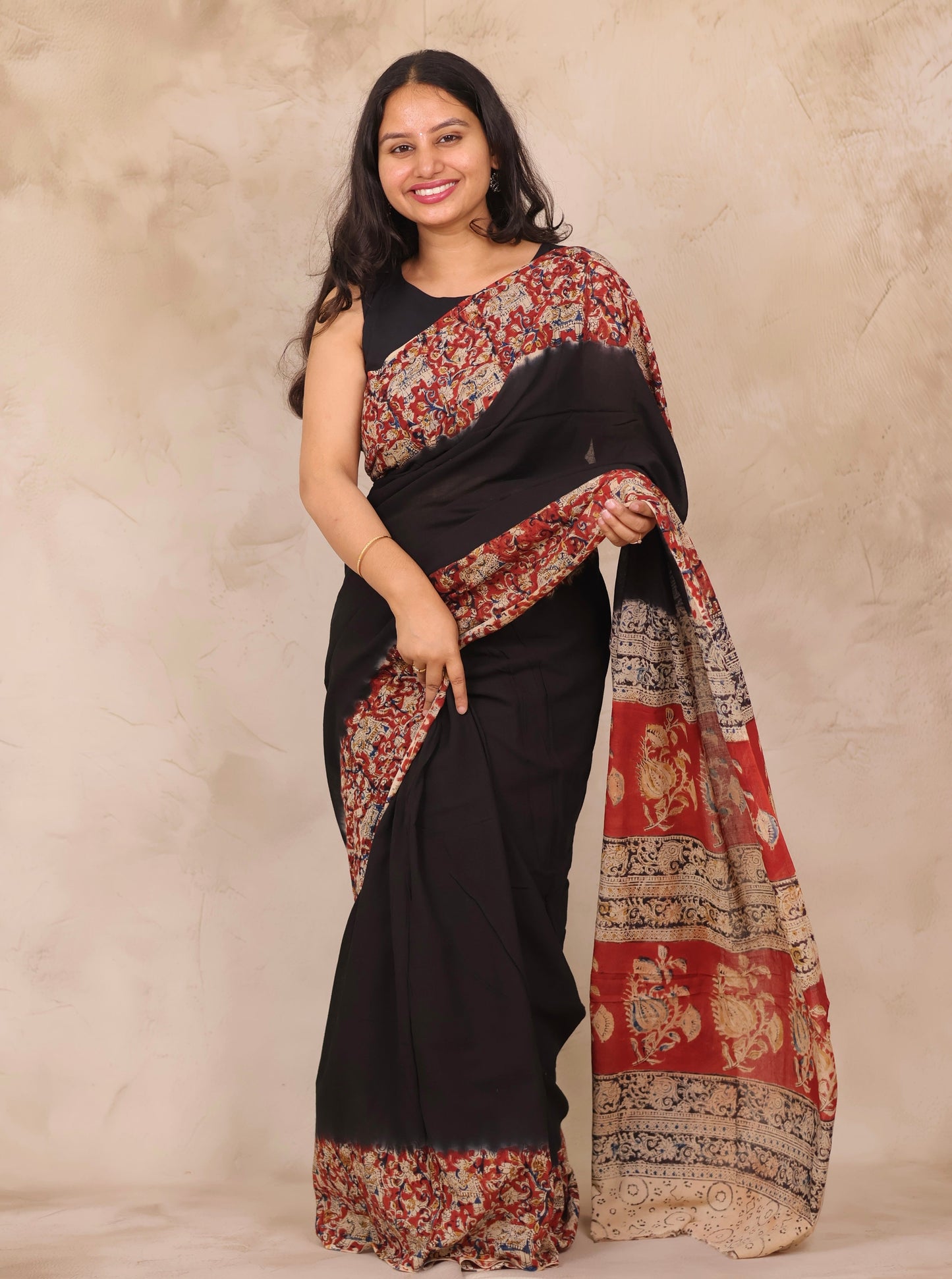 Black Hand Block Printed Kalamkari Cotton Saree