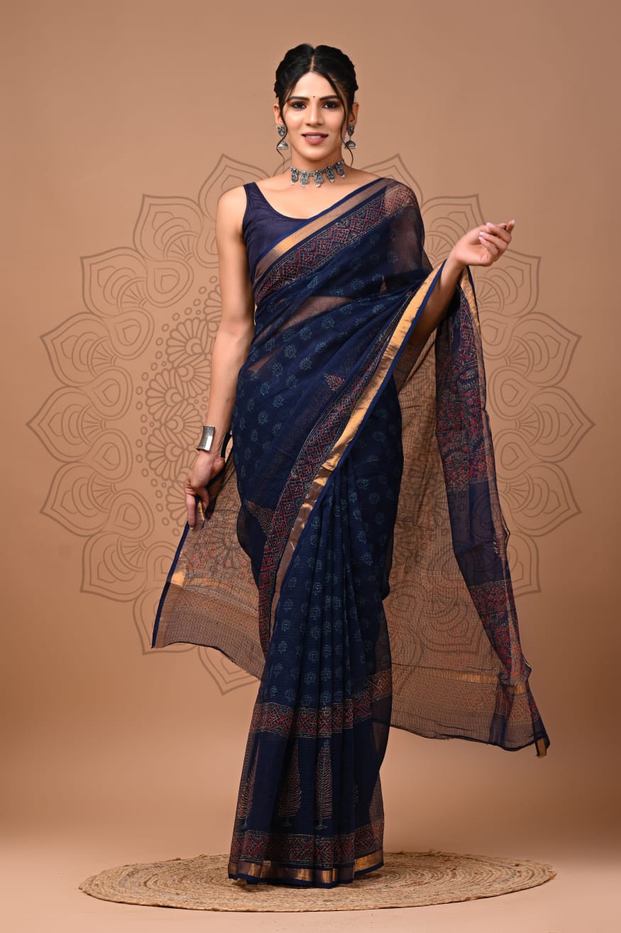 Golden Maroon Border Navy Blue Ajrak Print Sarees