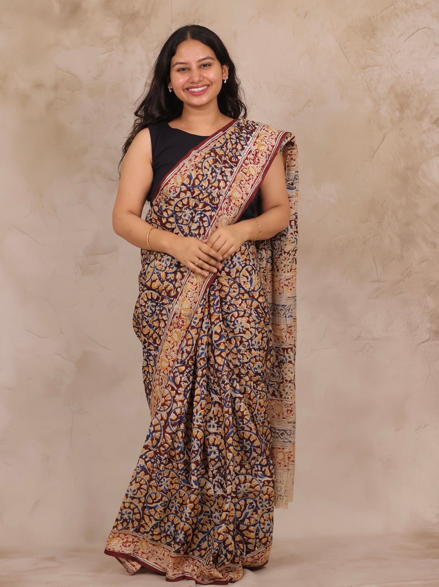 Maroon Hand Block Printed Kalamkari Chennur Silk Saree